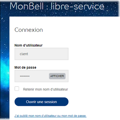 Entrez votre nom dʼutilisateur et votre mot de passe MonBell puis cliquez sur Ouvrir une session.
