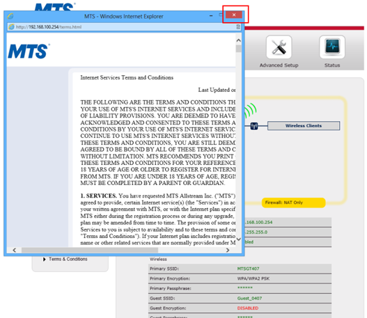 Terms and Conditions pop-up window with a Close button.