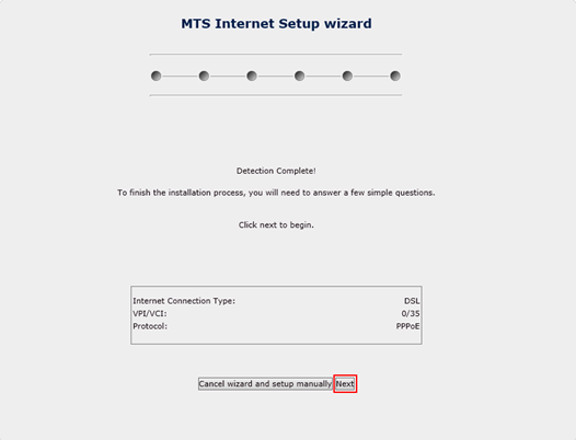MTS HSI Setup Wizard showing Detection Complete screen with Next button.