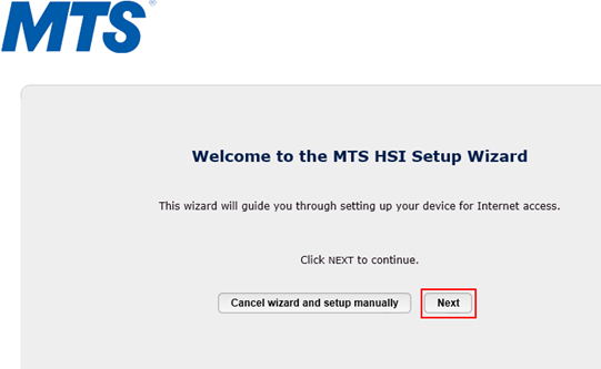 MTS HSI Setup Wizard welcome screen with Next button highlighted.