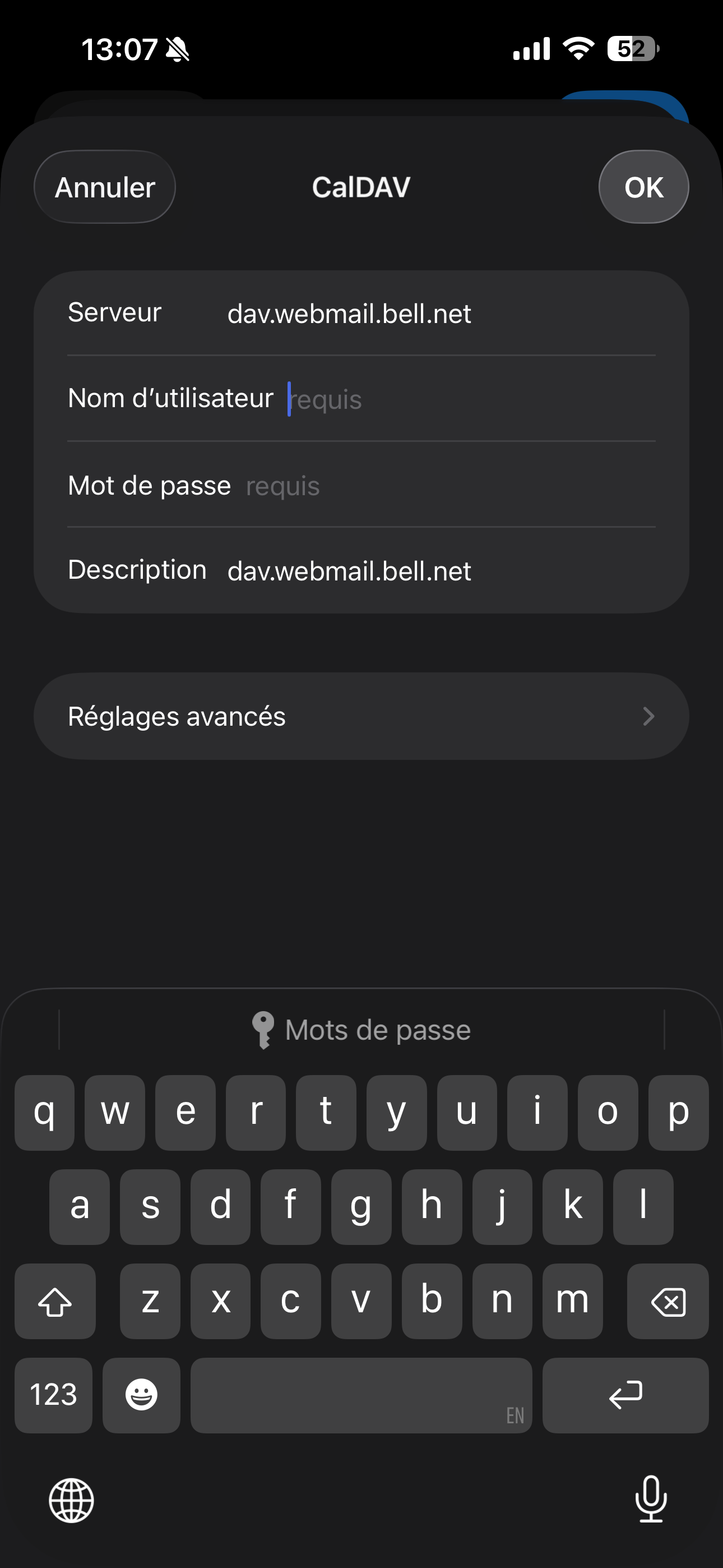 Touchez Nom d’utilisateur et entre ton adresse courriel Bell.