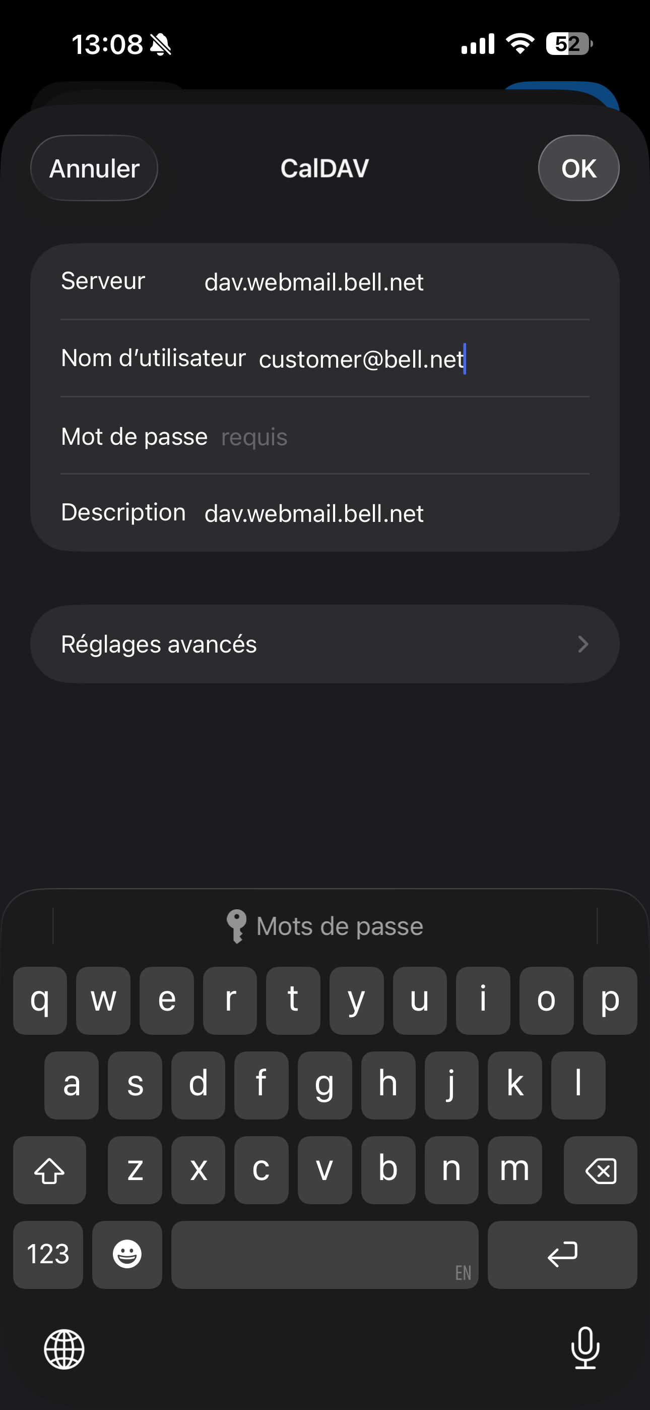 Touchez Mot de passe et entre ton mot de passe Bell.