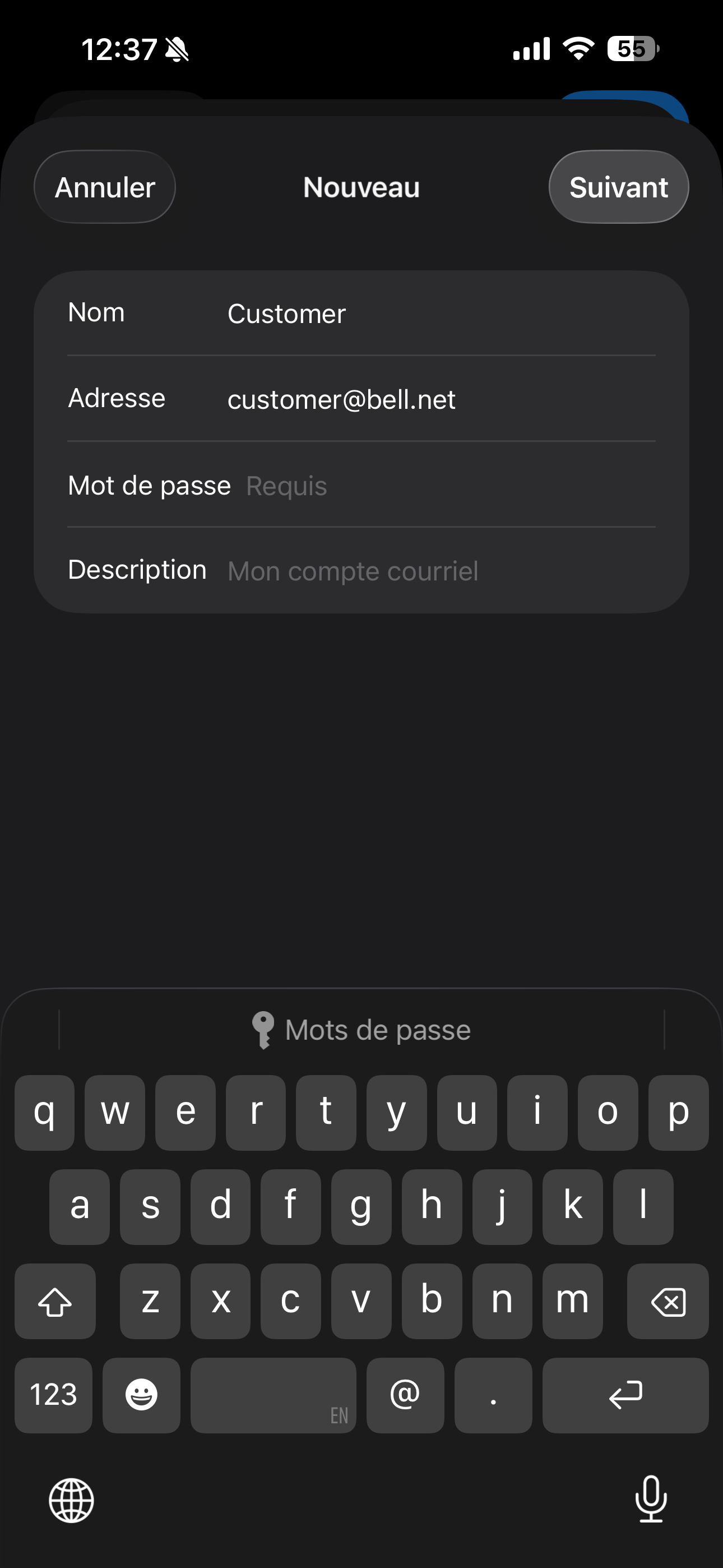 Touchez Mot de passe et entre ton mot de passe Bell.