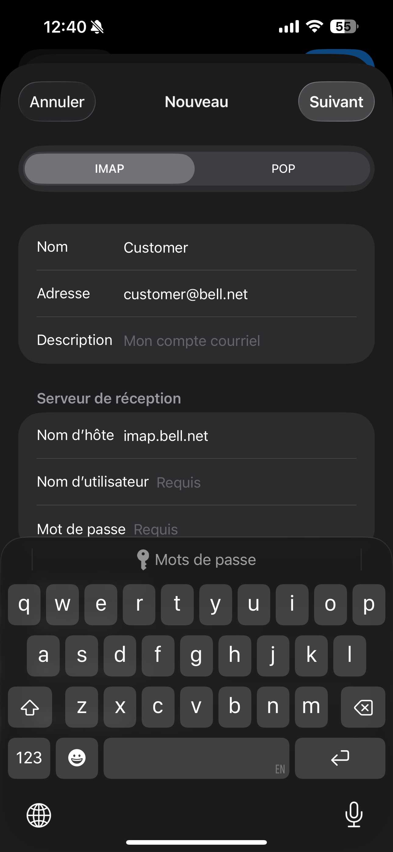 Touche Nom d’utilisateur et entre ton adresse courriel Bell.