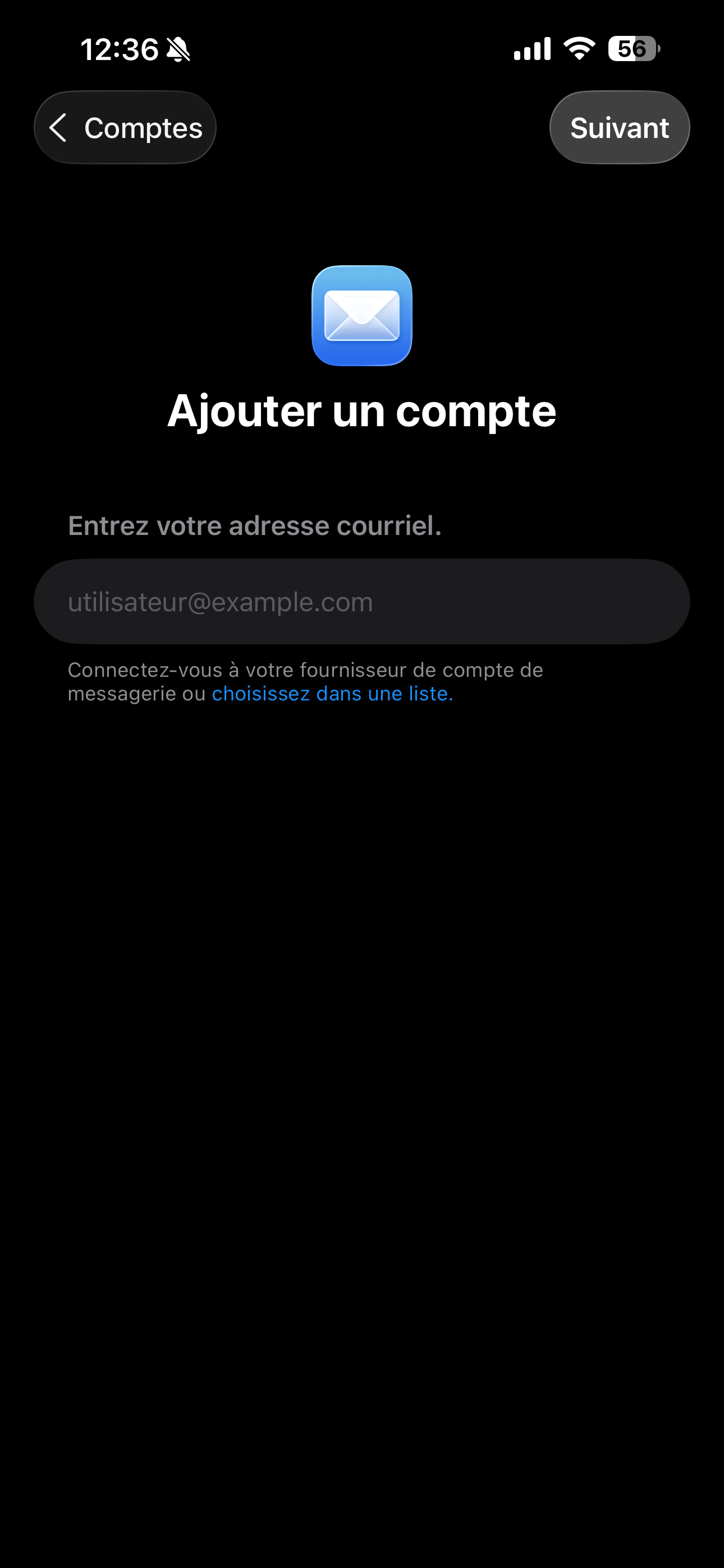 Entre ton adresse courriel Bell et appuie sur Suivant.