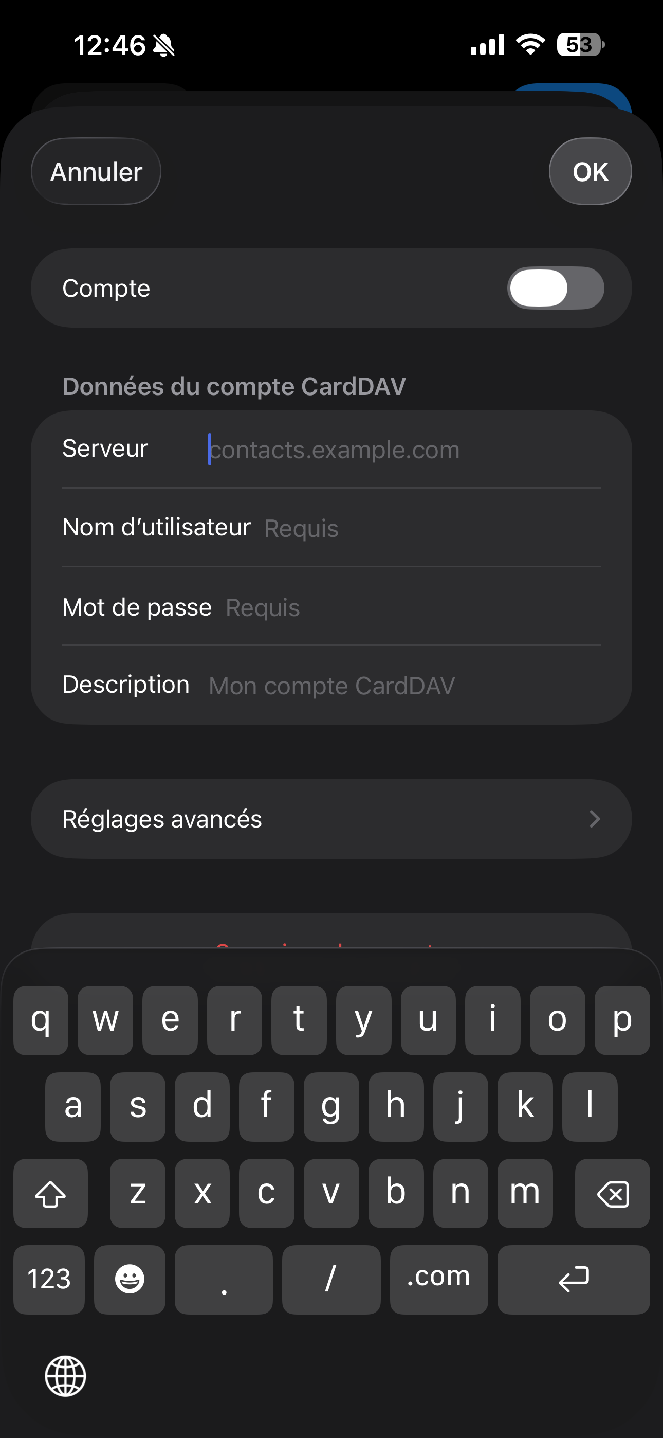 Touchez Serveur et entre dav.webmail.bell.net.