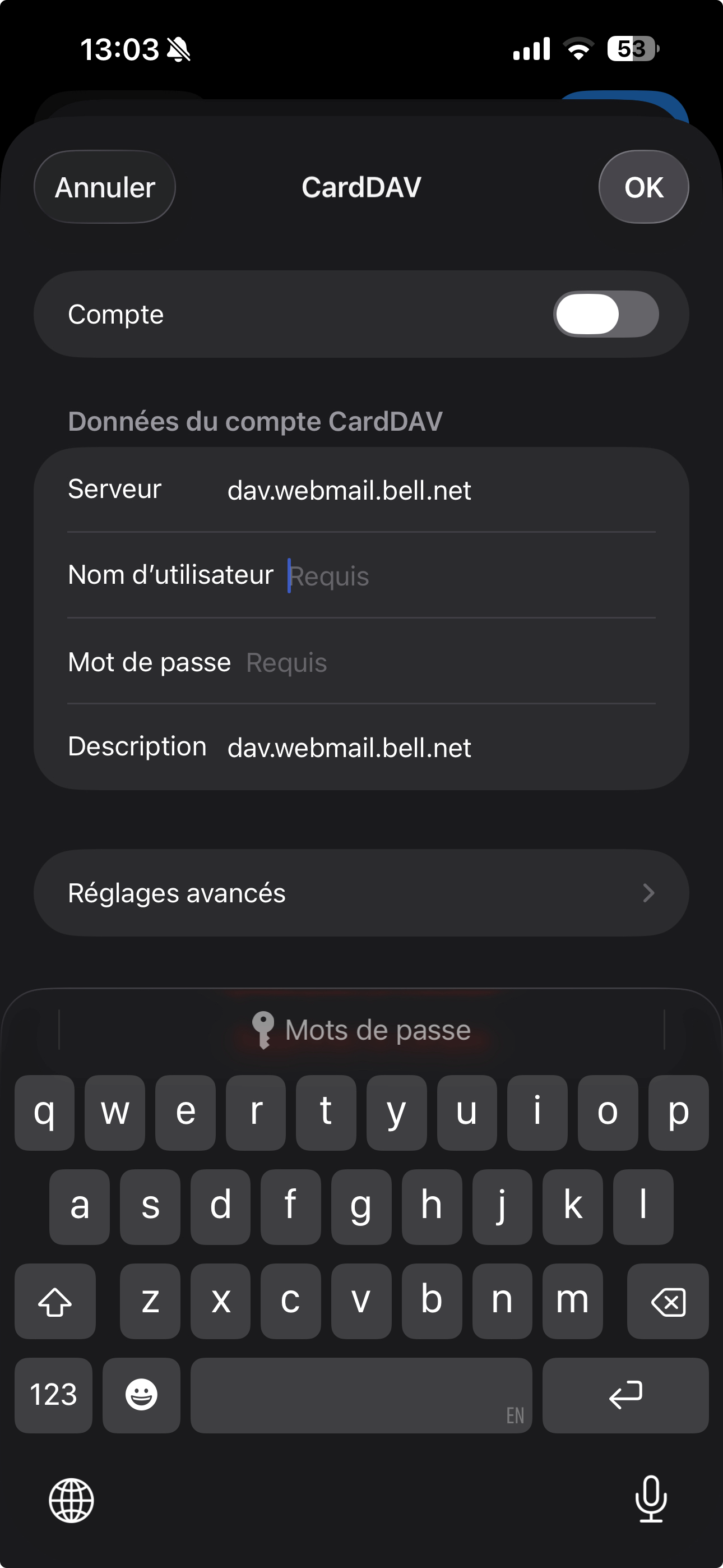 Touchez Nom d’utilisateur et entre ton adresse courriel Bell.