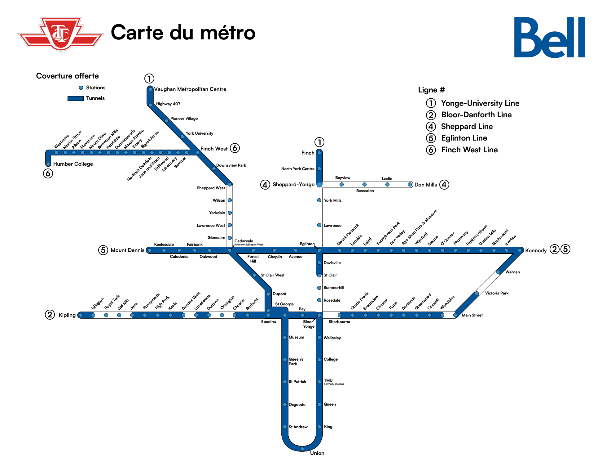 Carte de couverture montrant les zones de service de Bell Mobilité dans le métro de Toronto (TTC).