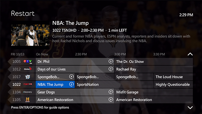 Example of a restart symbol beside a channel number indicating that the program can be restarted