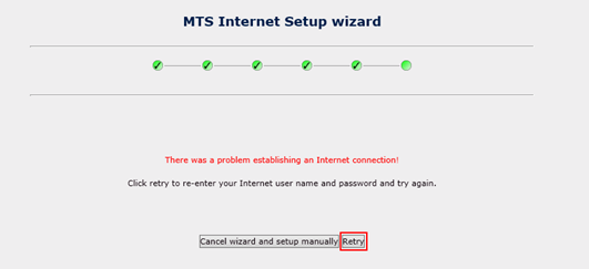 If Actiontec GT784WNV Wizard fails, image showing to click 'Retry'