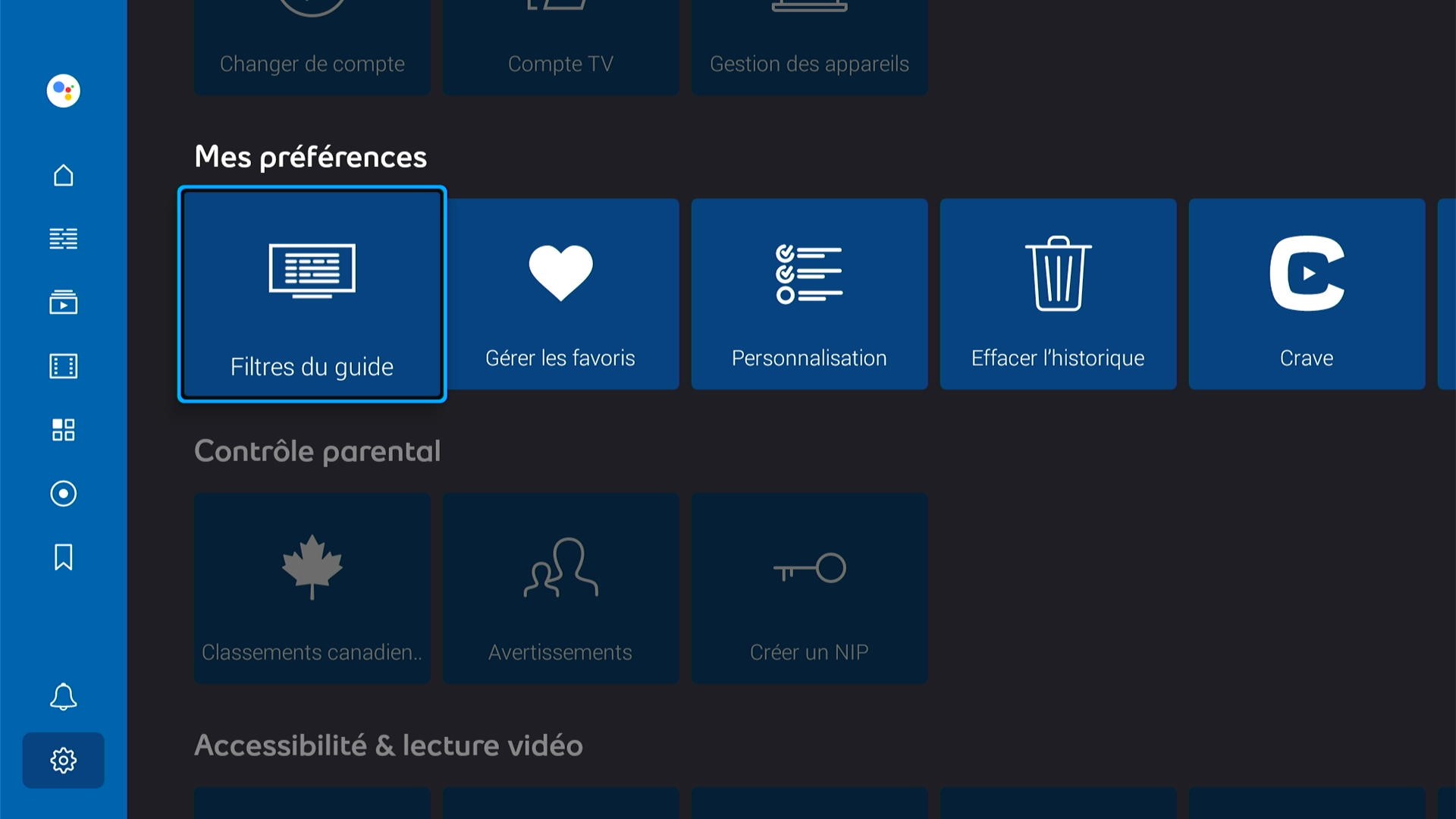 Bouton Filtres du guide mis en évidence dans la rangée Mes préférence des paramètres