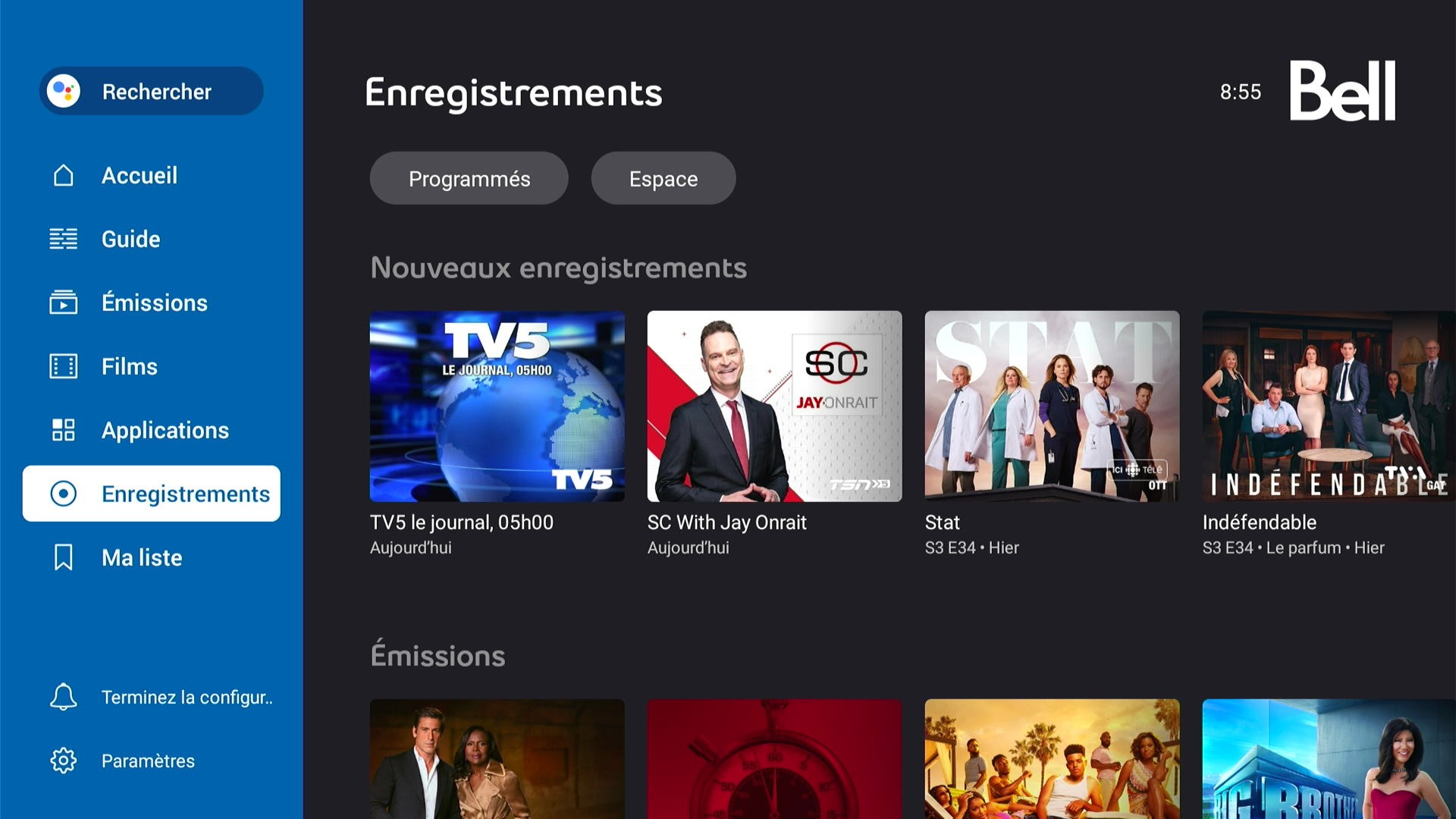 Bouton Enregistrements mis en évidence dans menu principal