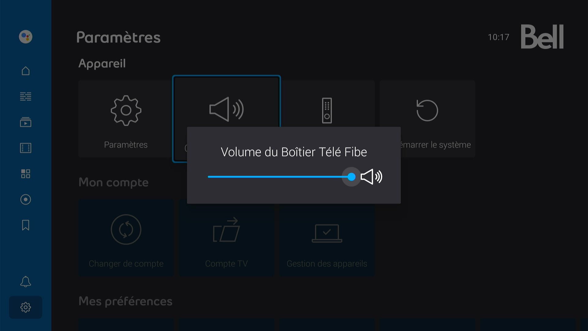 Volume de la boîte Télé Fibe mis en évidence dans la rangée Appareils des paramètres