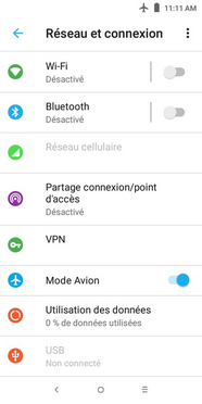 Le mode Avion est activé. Pour le désactiver, touchez de nouveau le bouton coulissant Mode Avion.