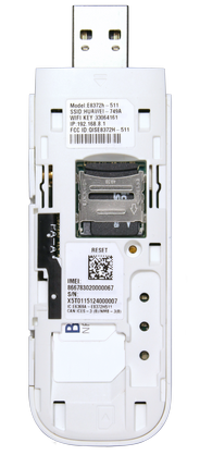 Repérez le nom de réseau Wi-Fi (SSID) et le mot de passe (WIFI KEY) imprimés à l’intérieur du Huawei E8372 Turbo Stick.
