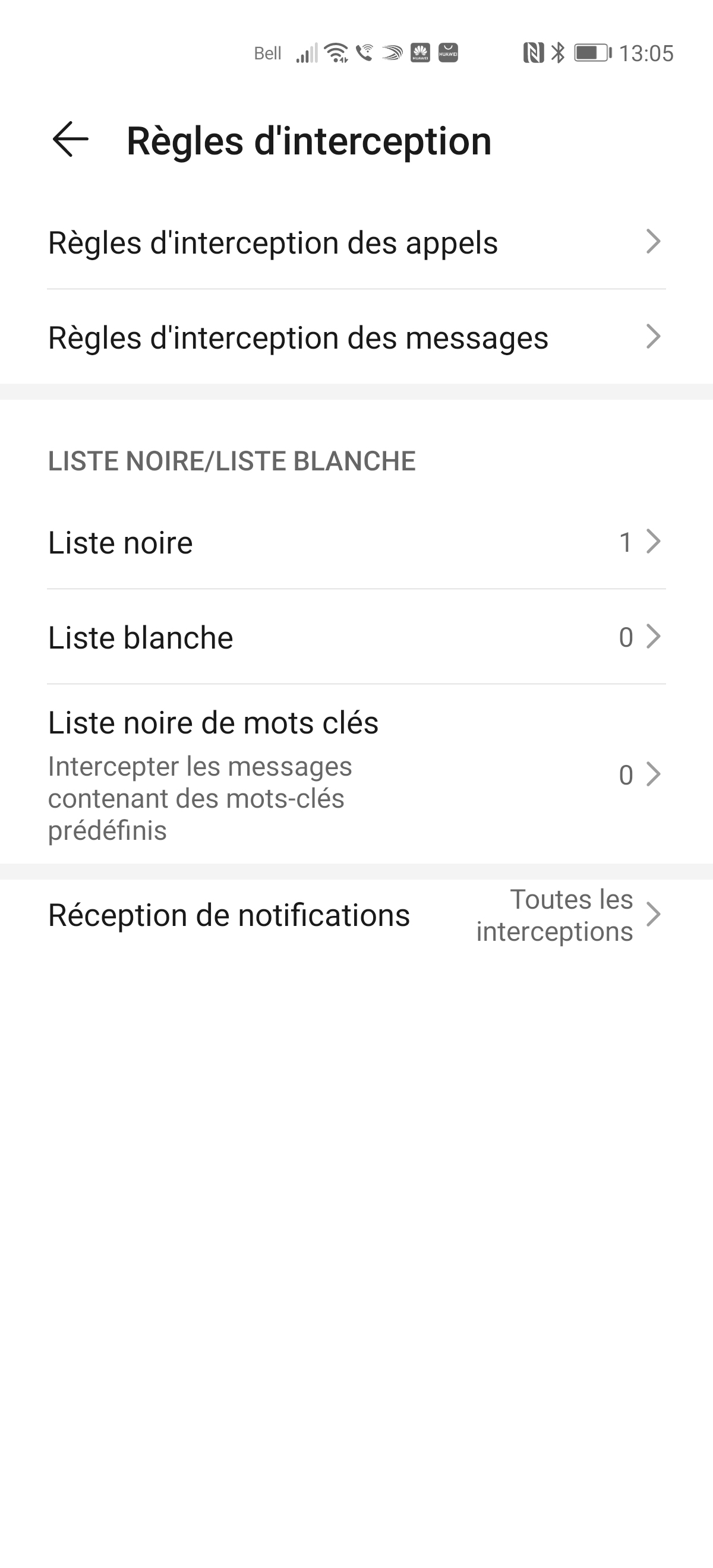 Touchez Liste noíre de numéros.