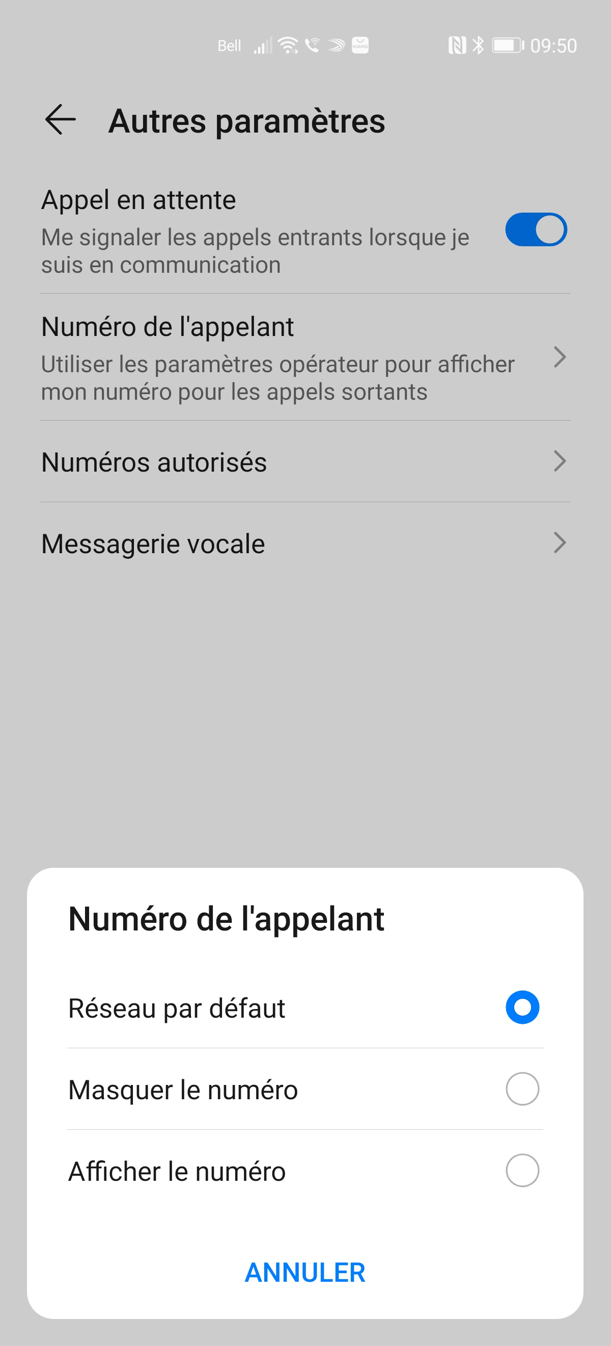 Touchez l’option désirée (p. ex., Masquer le numéro).