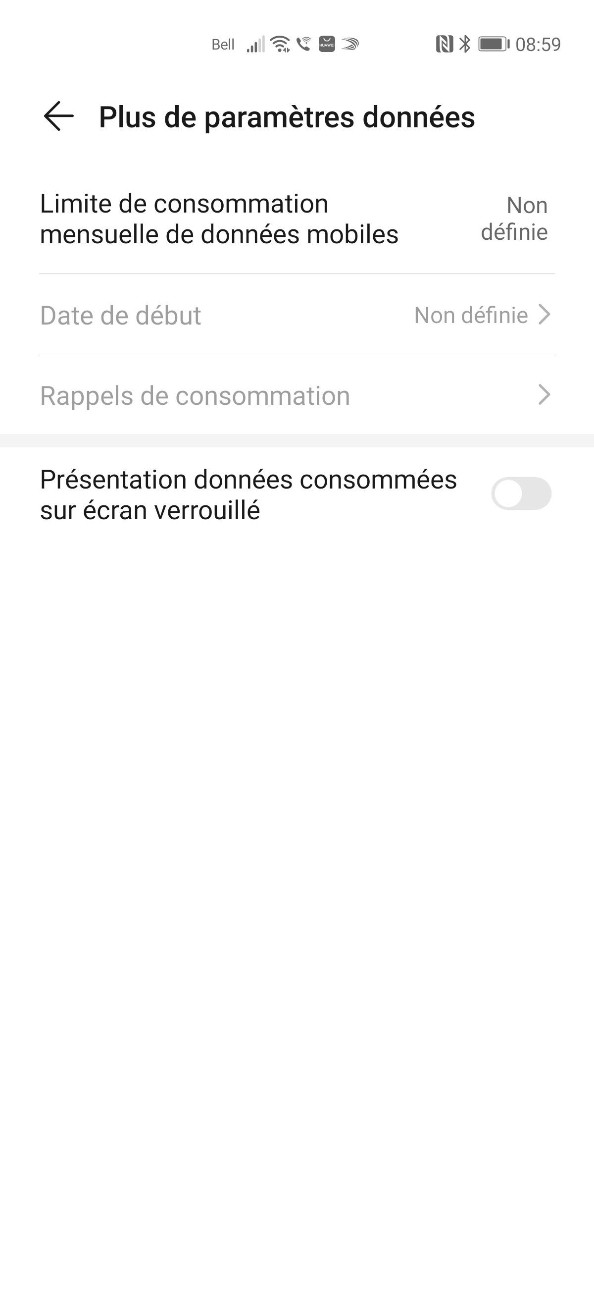 Si lʼutilisation des données n’est pas visible, touchez Limite de consommation mensuelle de données mobiles pour configurer la limite des données de votre plan.