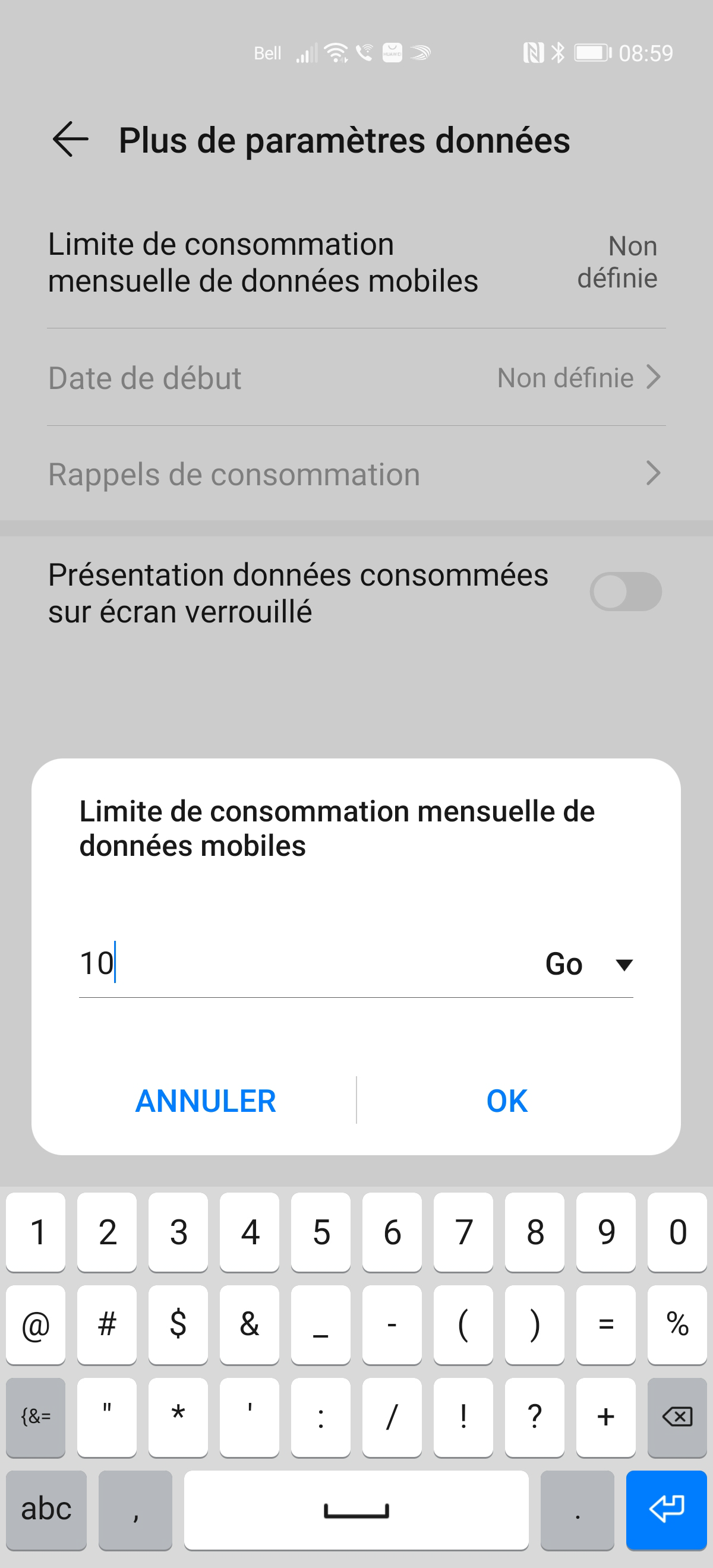 Touchez MO pour modifier le type de données.