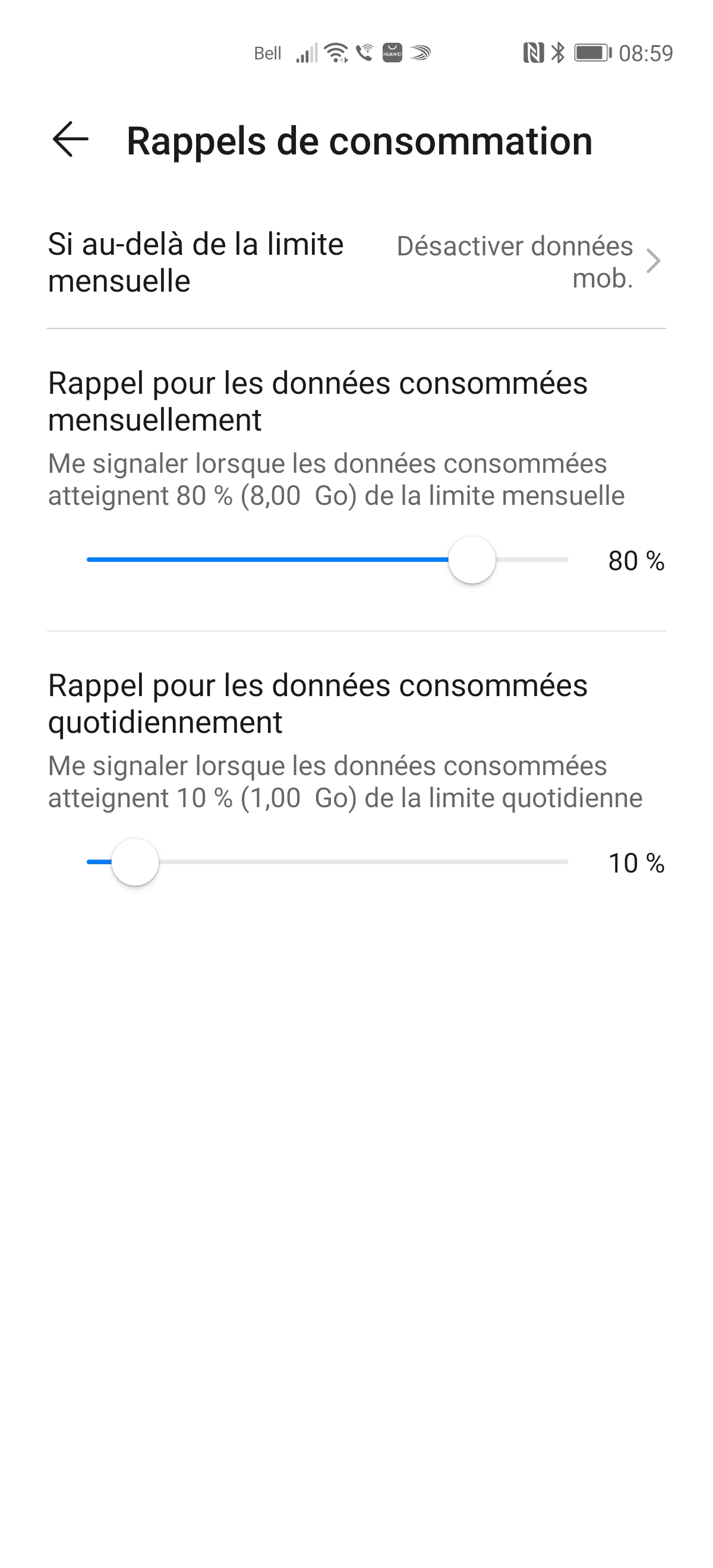 Faites glisser la barre de défilement du Rappel pour les données consommées mensuellement jusqu’à la quantité désirée.