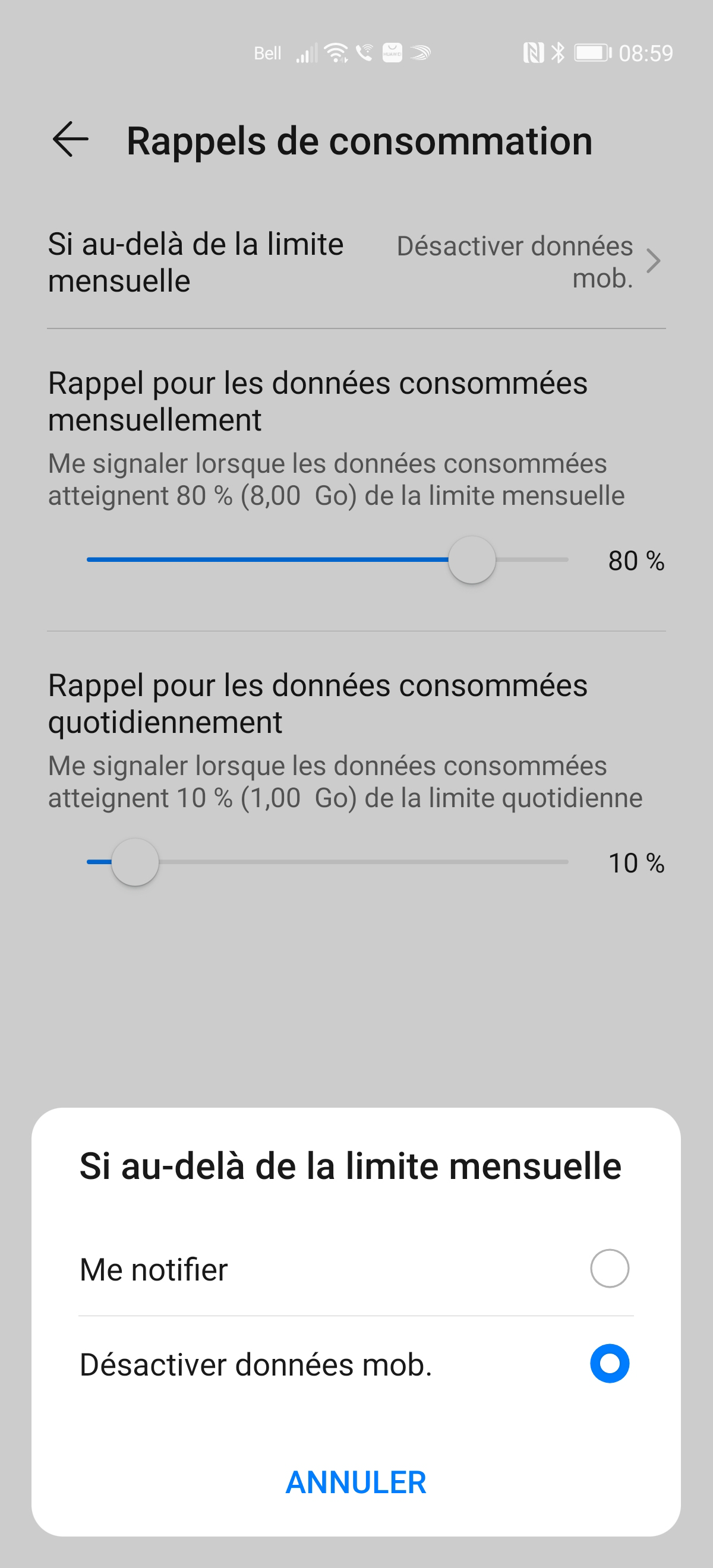 Faites glisser la barre de défilement du Rappel pour les données consommées quotidiennement jusqu’à la quantité désirée.