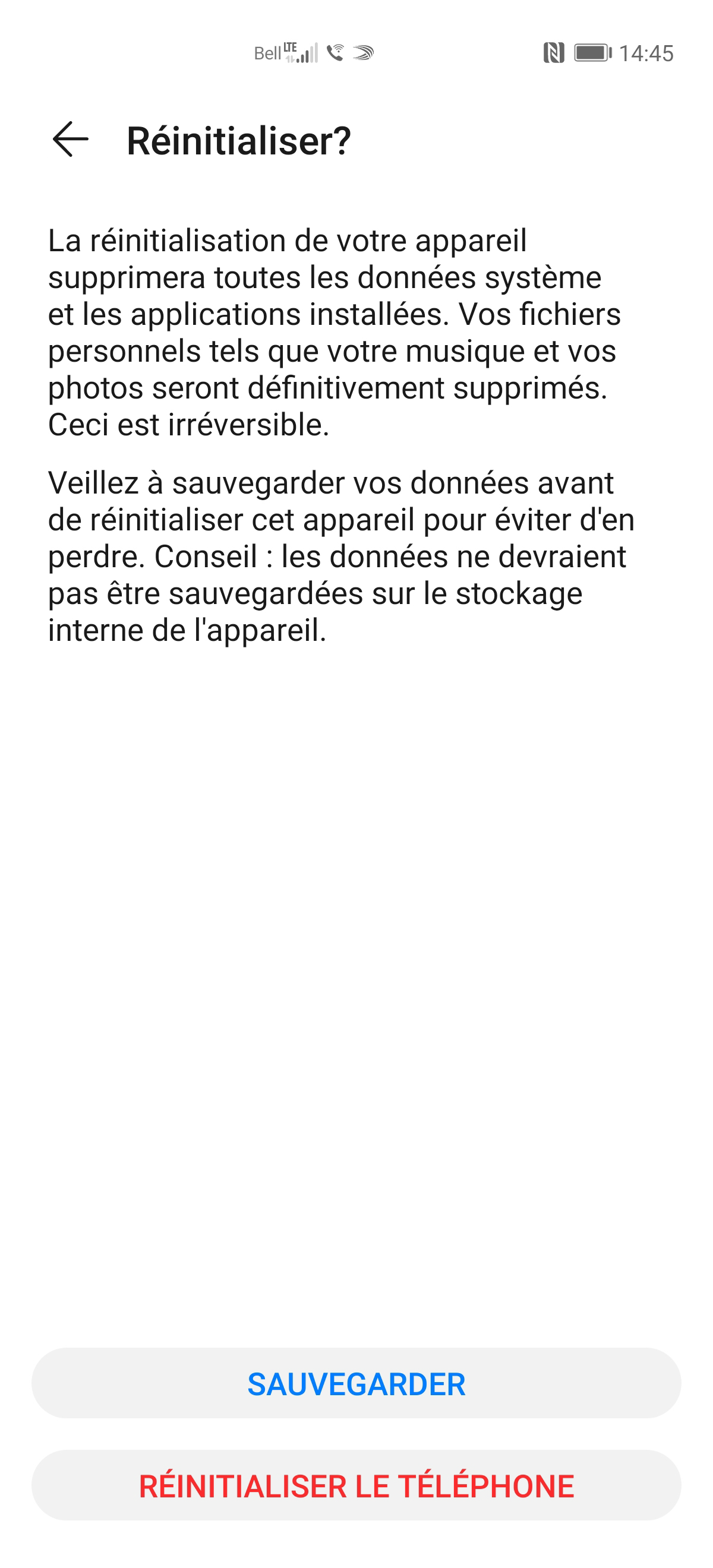 Touchez RÉINITIALISER LE TÉLÉPHONE.