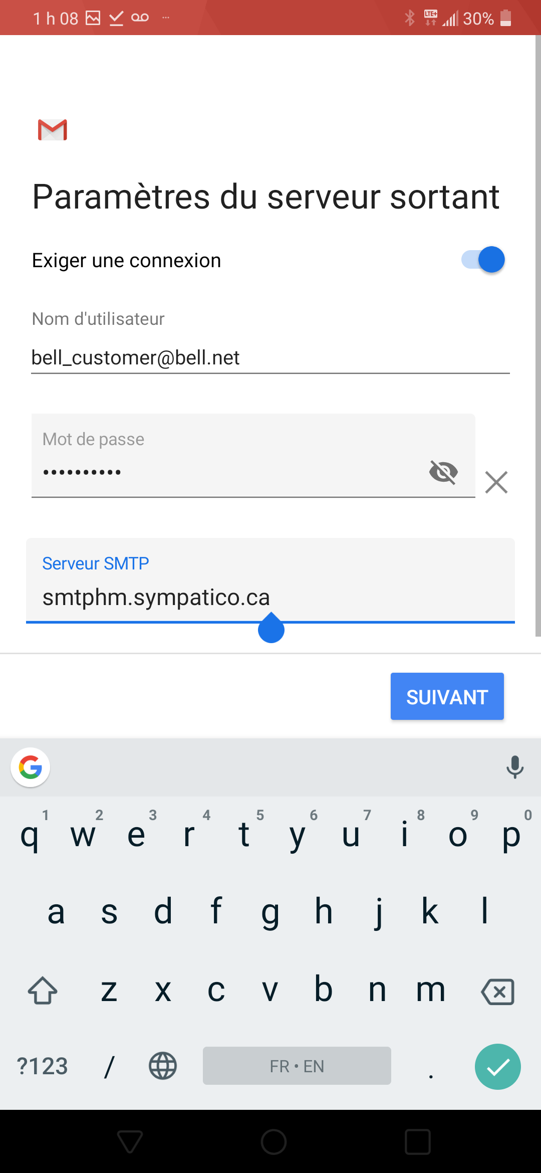 Entrez smtphm.sympatico.ca comme serveur SMTP.