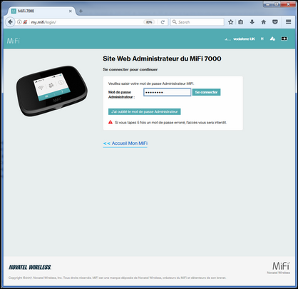 Saisissez le mot de passe administrateur et cliquez sur Se connecter.Remarque : le mot de passe administrateur par défaut est le même que le mot de passe Wi-Fi par défaut. Vous pouvez le trouver en sélectionnant Nom/Mot de passe Wi-Fi sur le Novatel Wireless MiFi 7000.