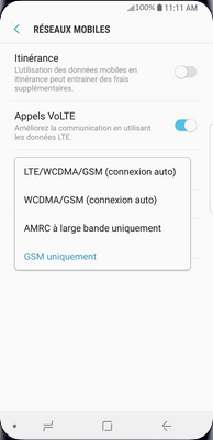 Touchez l’option désirée, p. ex., LTE/WCDMA/GSM (connexion auto).