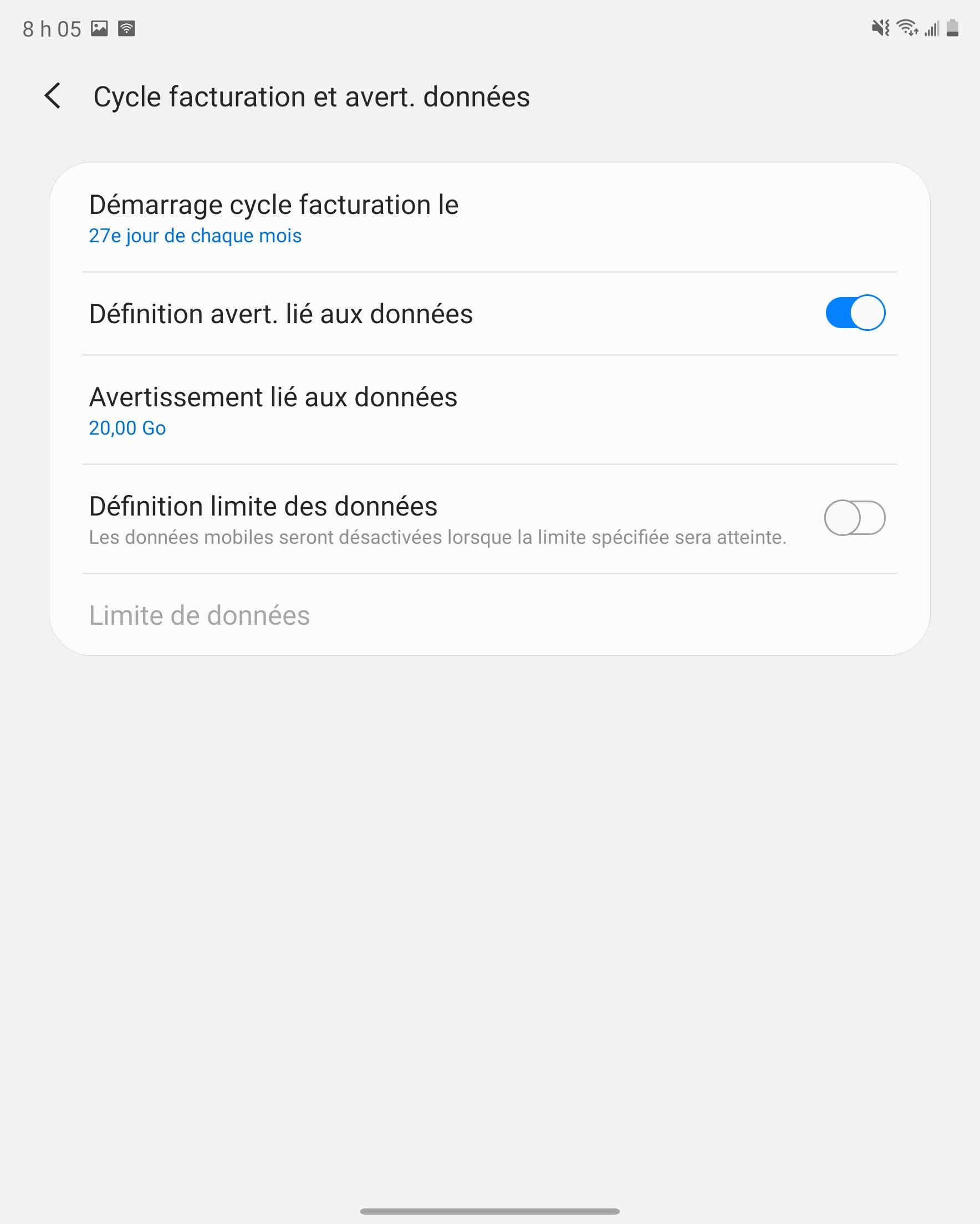 Touchez la barre de défilement Définition limite des données pour activer la fonction.