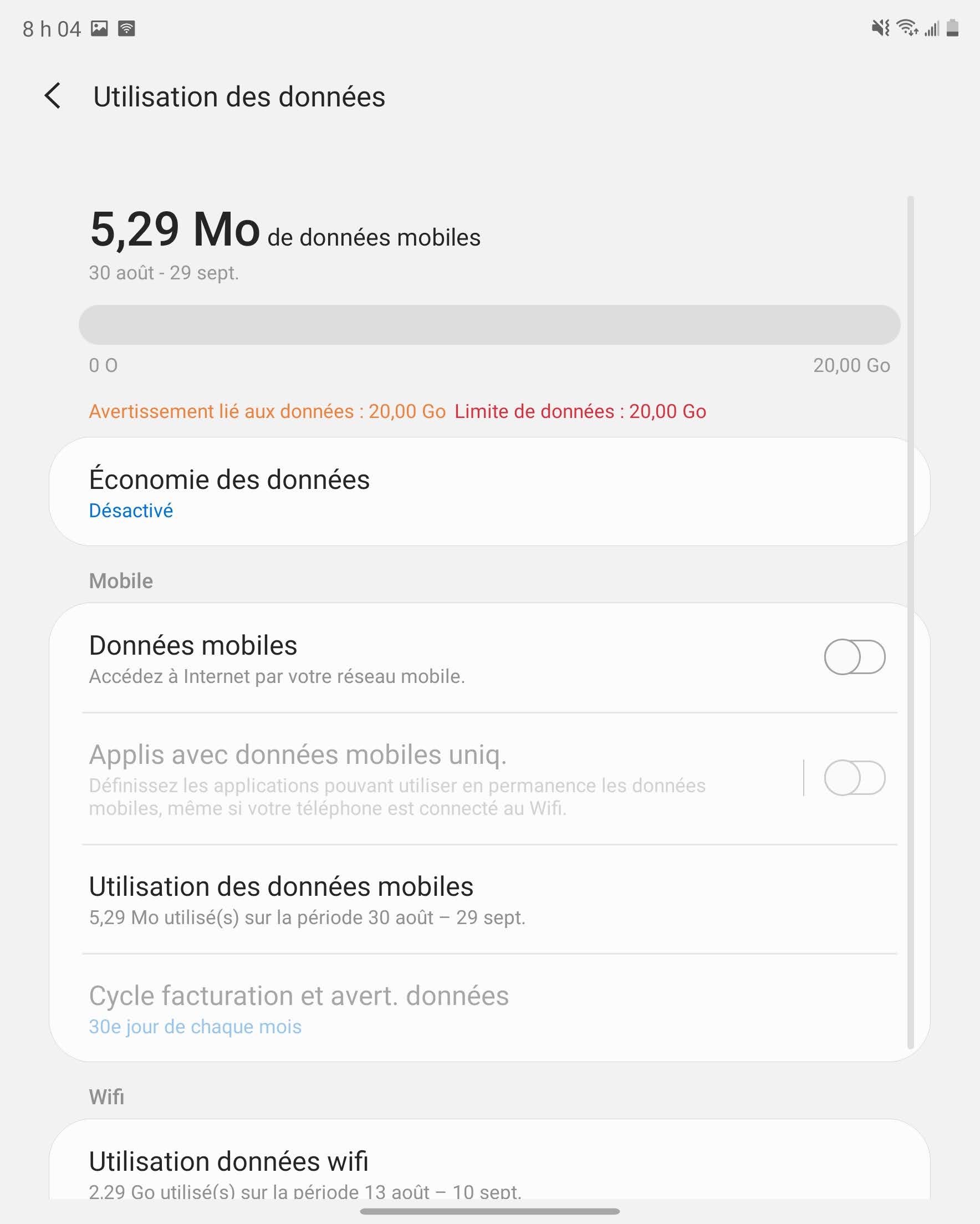Les services de données sont maintenant désactivés.Touchez Données mobiles encore une fois pour mettre les services de données en fonction.