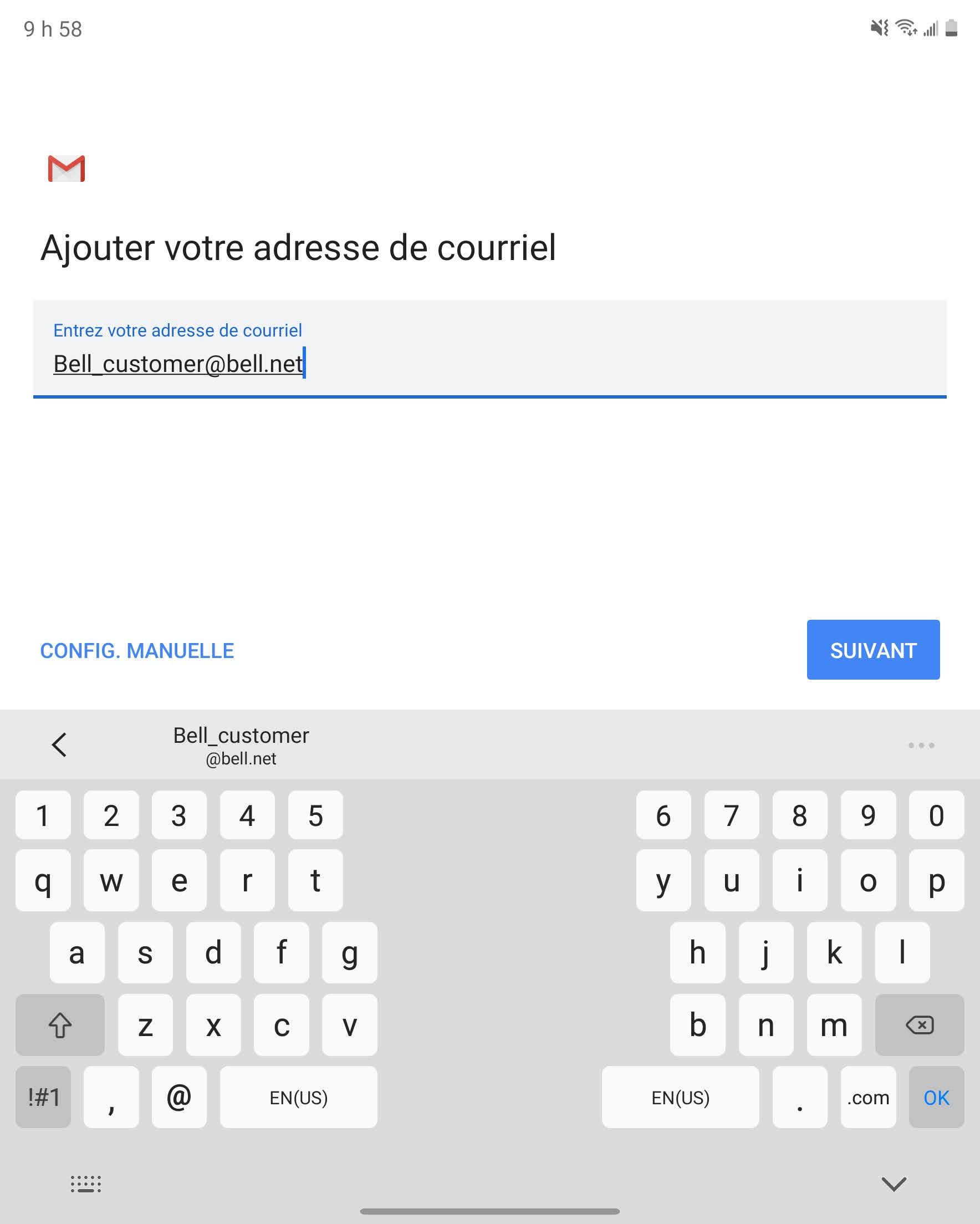 Entrez votre adresse de courriel Bell.