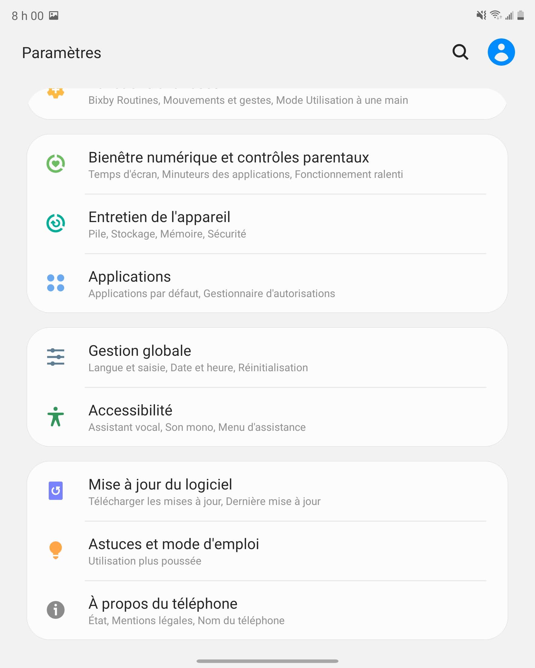 Faites défiler puis touchez Gestion globale.