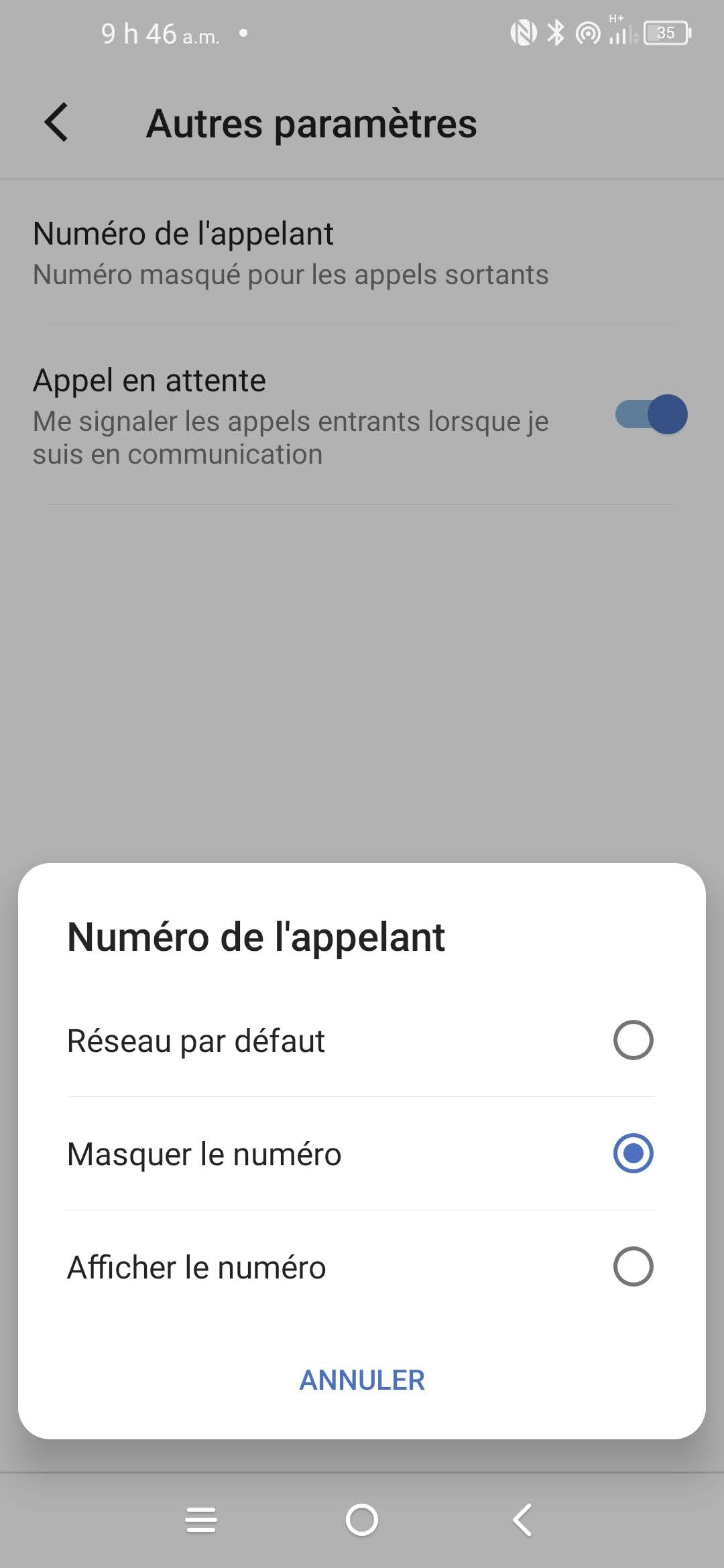 Touchez l’option désirée (p. ex., Masquer le numéro).