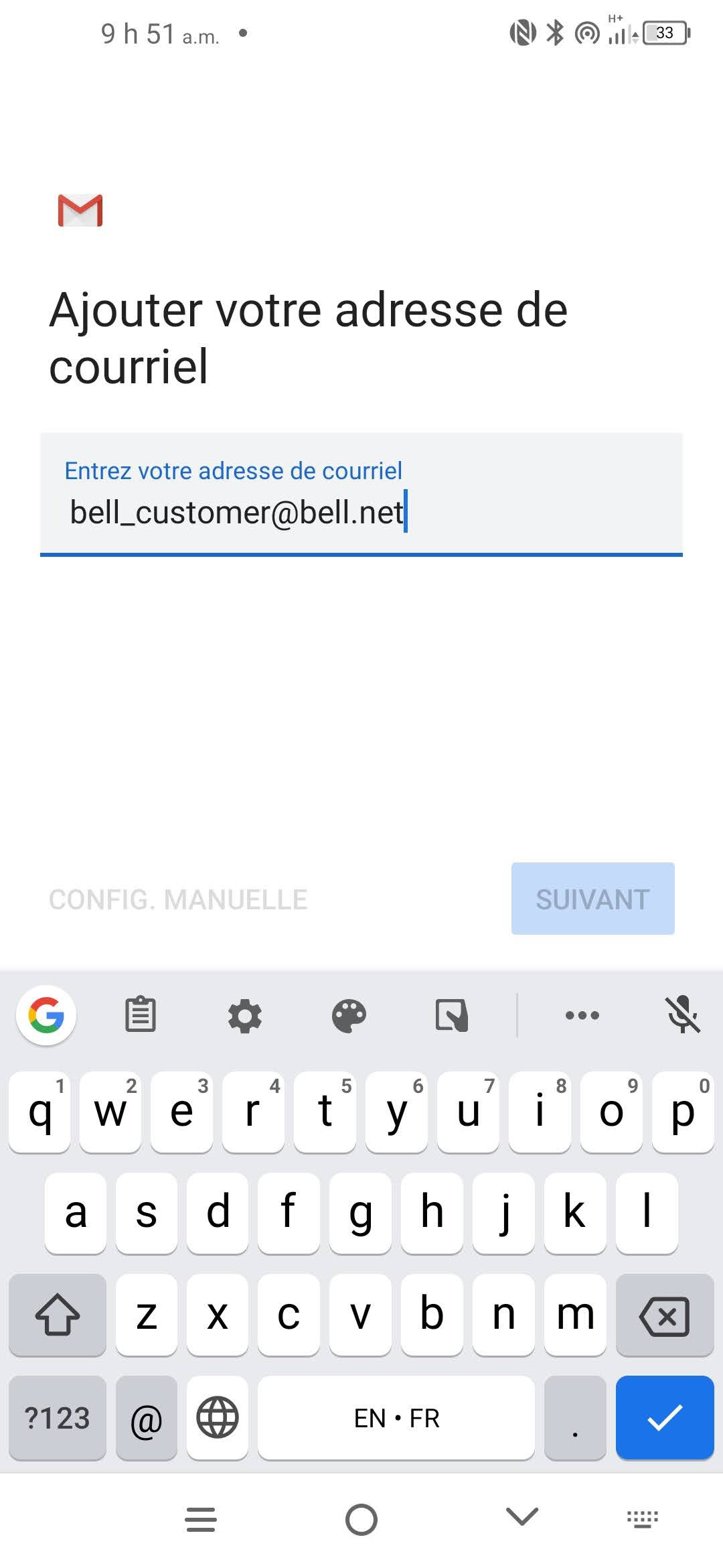 Entrez votre adresse de courriel Bell.
