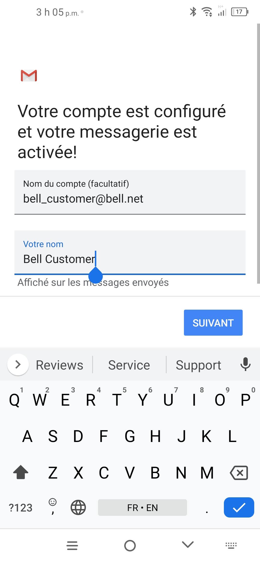Si vous le souhaitez, modifiez le nom du compte et votre nom, puis touchez SUIVANT.