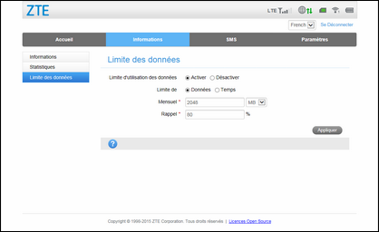 Cliquez sur Appliquer pour définir votre limite de données.