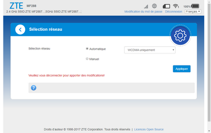 Cliquez sur le menu déroulant pour afficher les modes réseau disponibles.