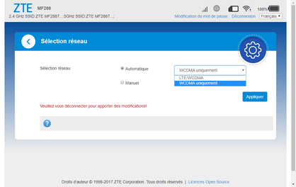 Sélectionnez lʼoption désirée, p. ex., LTE/WCDMA.