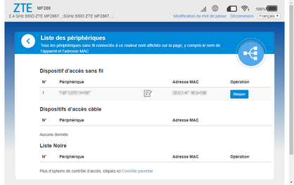 Une liste des appareils connectés s