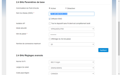 Pour changer le nom de réseau Wi-Fi : supprimez le nom de réseau (SSID) actuel.
