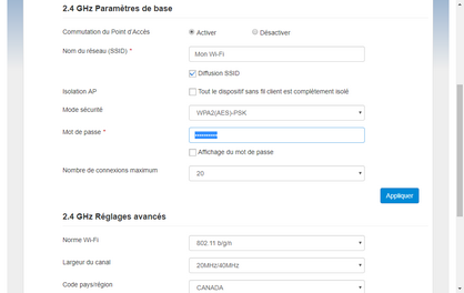 Pour changer le mot de passe Wi-Fi : supprimez le mot de passe actuel.