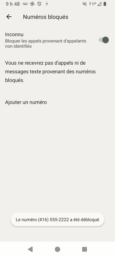 Le numéro de téléphone a été supprimé de la liste des numéros bloqués.