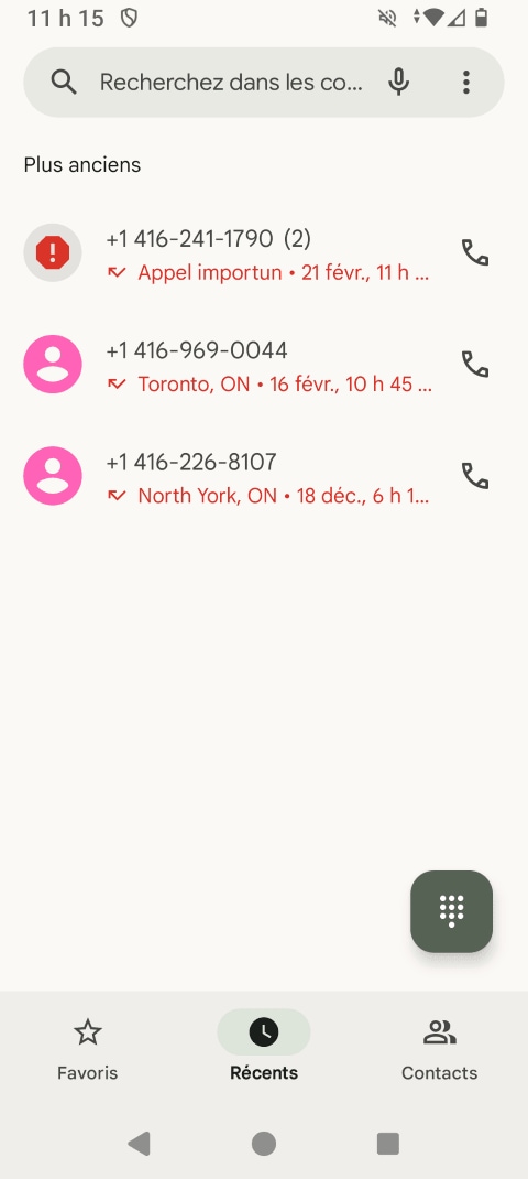 Pour bloquer un numéro d’appels récents, touchez sur Récents.