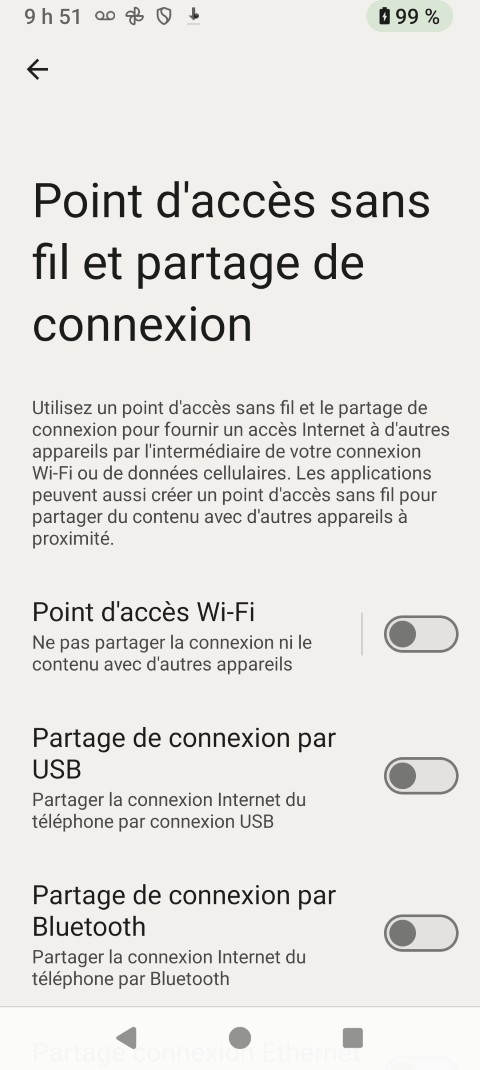 Touchez le curseur Partage de connexion par USB pour activer cette fonction.