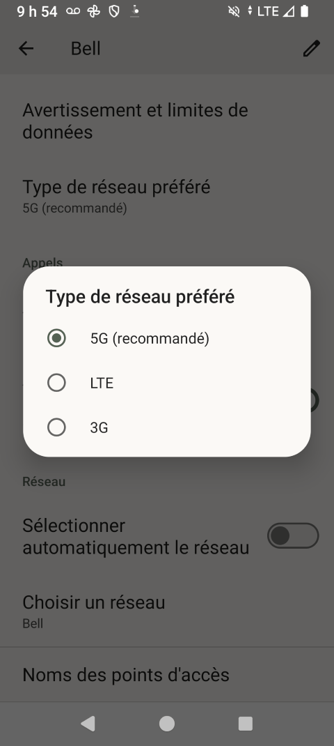 Touchez l’option désirée, p. ex., 5G (recommandé).