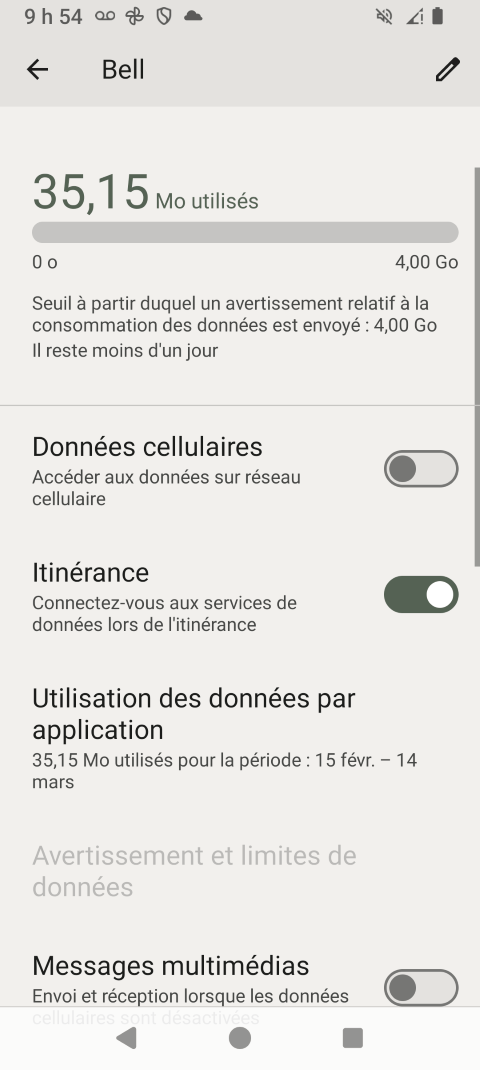 Touchez Itinérance pour modifier le paramètre (p. ex., pour passer de désactivé à activé).